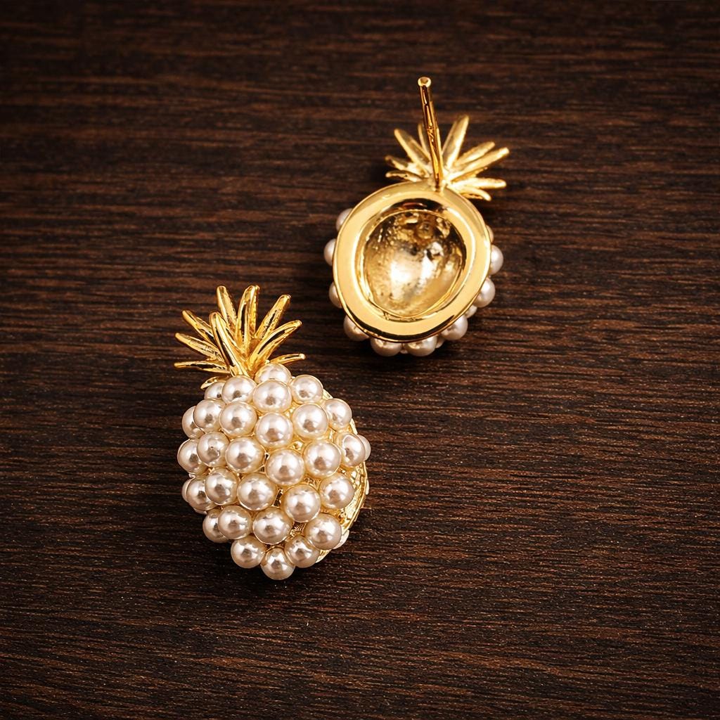 Pearl Pineapple Stud Earrings, Gold Fruit Jewelry, Elegant Women's Accessory