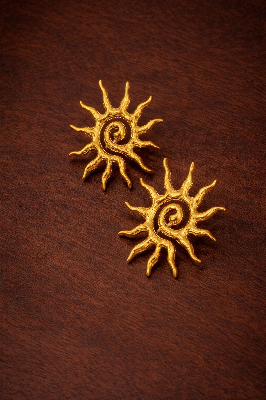 Gold Sun Vortex Stud Earrings, Minimalist Boho Stainless Steel Jewelry
