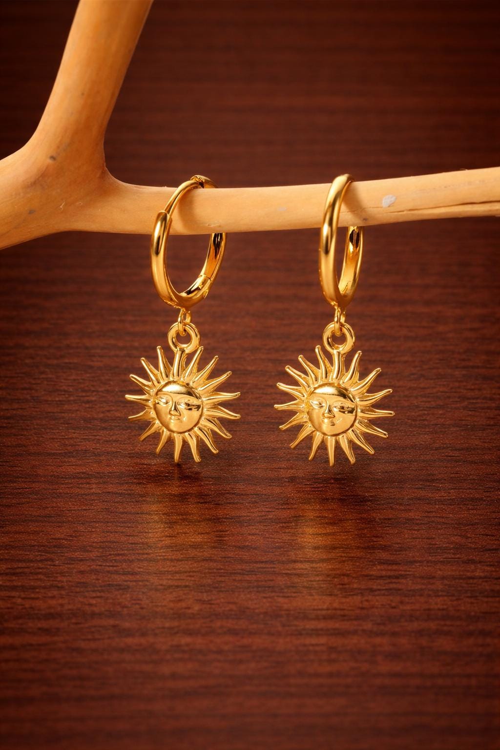 Gold Sun Hoop Earrings, Stainless Steel Dangle, Waterproof Non-Tarnish Jewelry