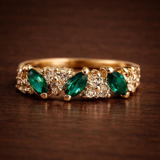 Retro Green Marquise Cut Rhinestone Ring, Silver Tone Statement Band, Vintage Wedding Jewelry
