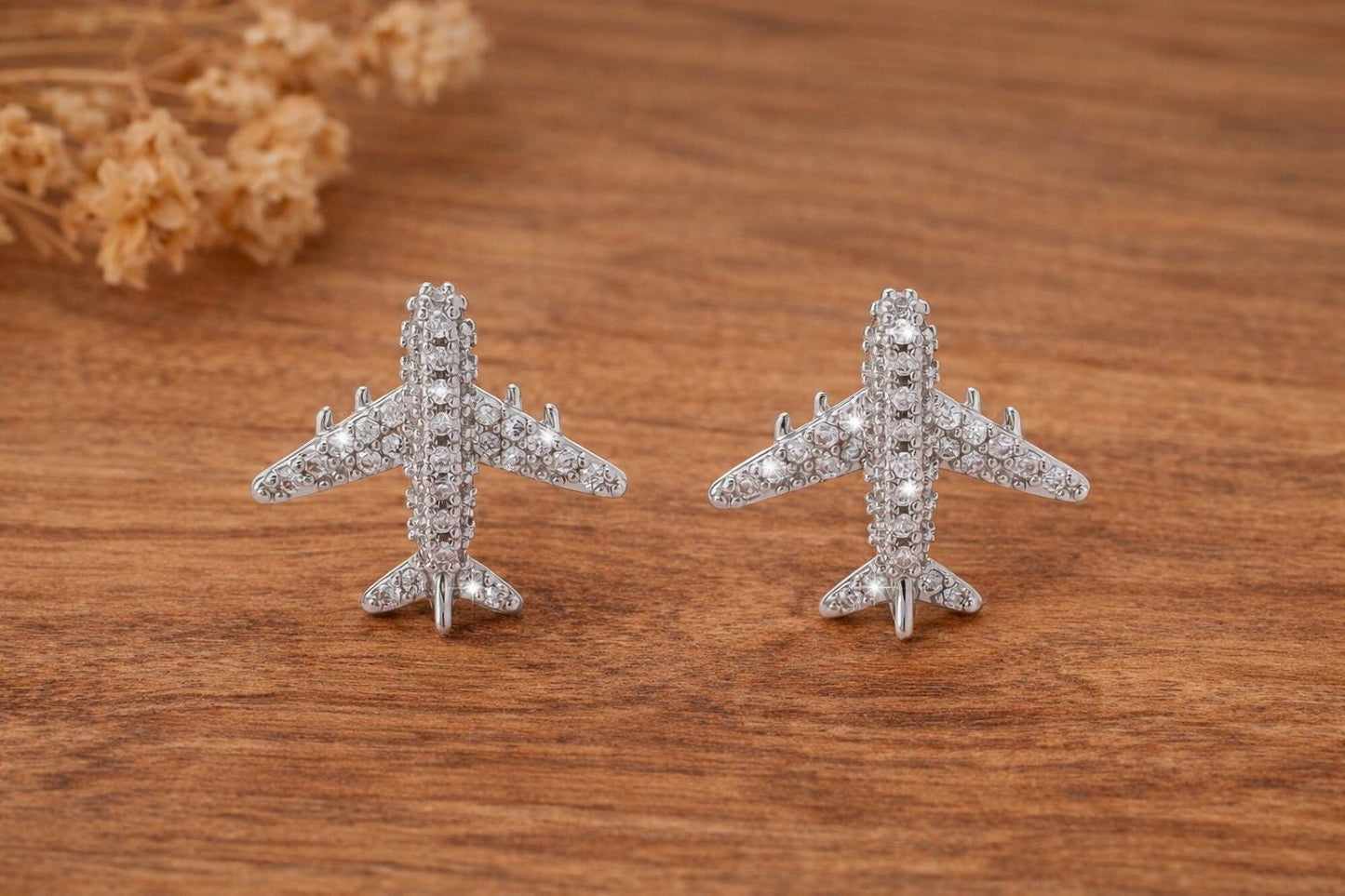 Rhinestone Airplane Stud Earrings, Silver Travel Jewelry, Aviation Inspired Studs