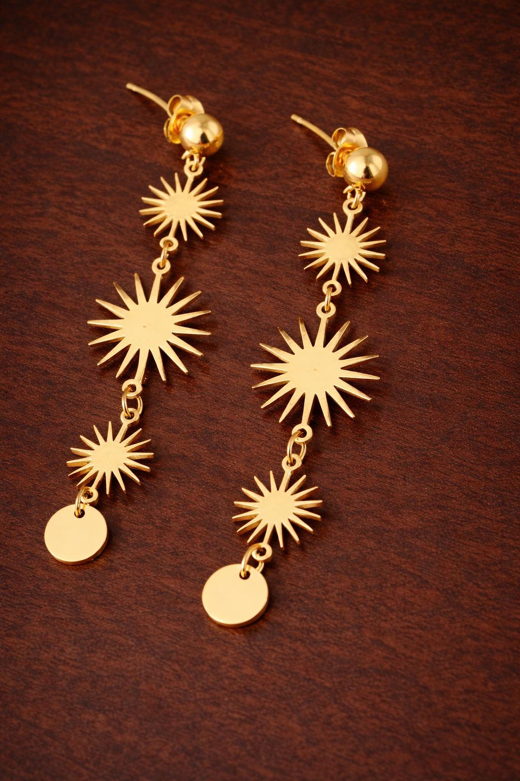 Stainless Steel Sun Dangle Earrings, Gold Starburst Drop Earrings, Vintage Long Pendant Jewelry