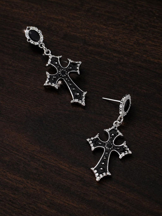 Gothic Black Cross Drop Earrings, Stainless Steel, Cubic Zirconia, Statement Jewelry