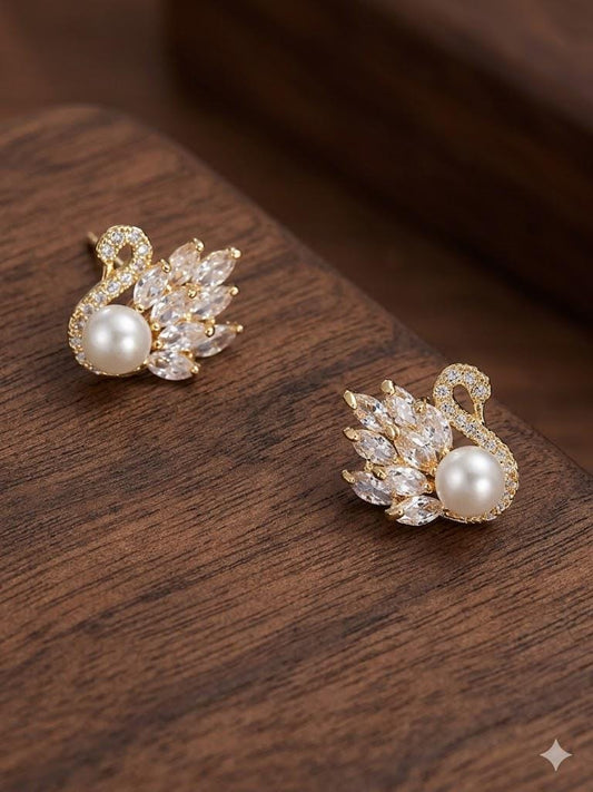 Gold Plated Pearl & Zirconia Stud Earrings, S925 Sterling Silver, Minimalist Elegant Jewelry for Women