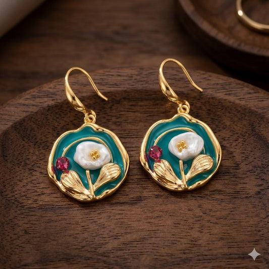 Monet Garden Floral Pearl Earrings, Oil Painting Style, Retro Wedding Jewelry