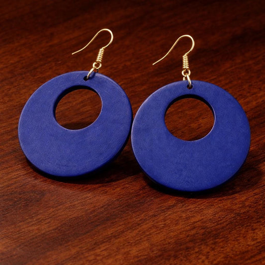 Handcrafted Vintage Hollow Wood Earrings, Boho Round Dangle Drop Style