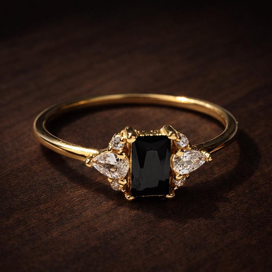 Square Black Zircon Ring, Minimalist Gold Plated Jewelry, Wedding Bride Statement Ring