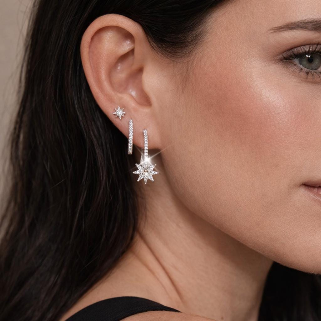 Octagonal Star Zircon Earrings Set: Gold Plated Stainless Steel Hoops & Studs