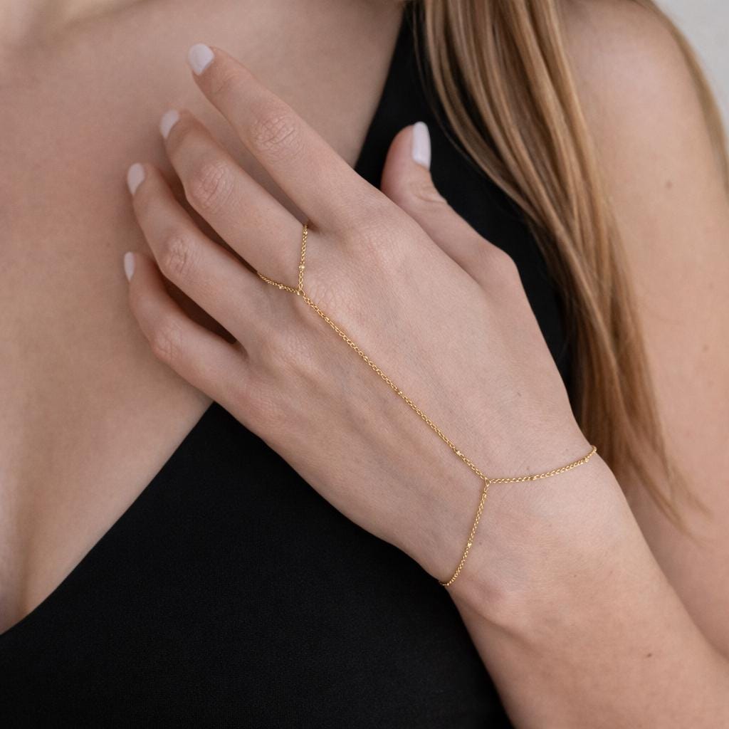 Minimalist Gold Stainless Steel Hand Chain Bracelet Ring – Elegant Beaded Jewelry