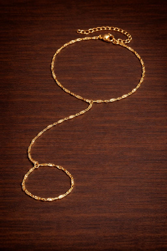 Elegant Gold Hand Chain Bracelet Ring – Minimalist Stainless Steel Beaded Jewelry for Women