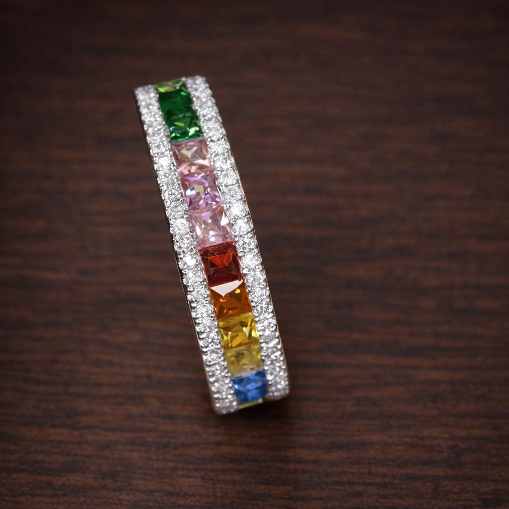 Rainbow CZ Eternity Ring, Silver Gold Color Stackable Band, Colorful Statement Jewelry