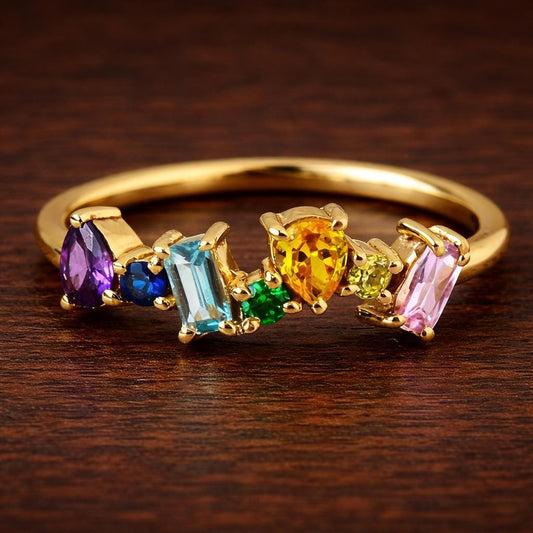 Geometric Rainbow CZ Ring, Paved Multi-Color Band, Modern Statement Jewelry
