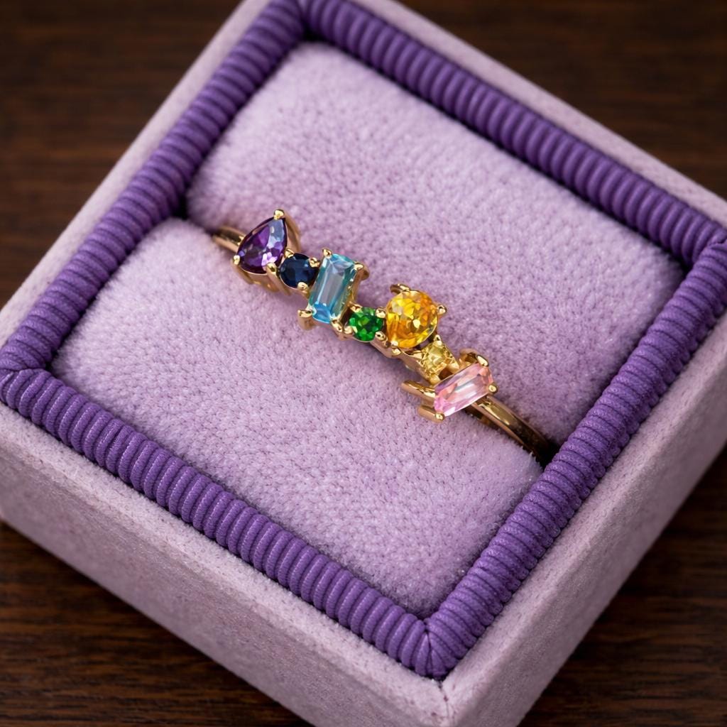 Geometric Rainbow CZ Ring, Paved Multi-Color Band, Modern Statement Jewelry