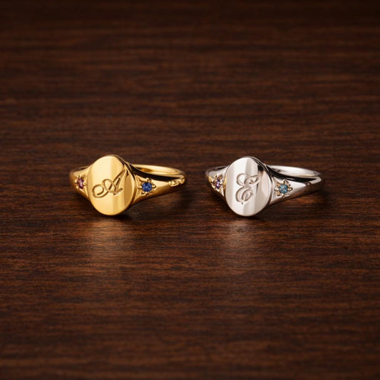 Personalized Gold Signet Ring: Custom Birthstone Letter Engraving for Couples