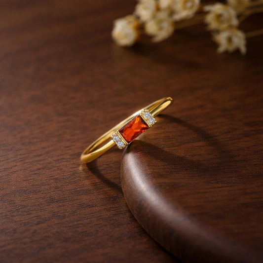 Garnet Baguette Stacking Ring: Gold Plated Stainless Steel Minimalist Band