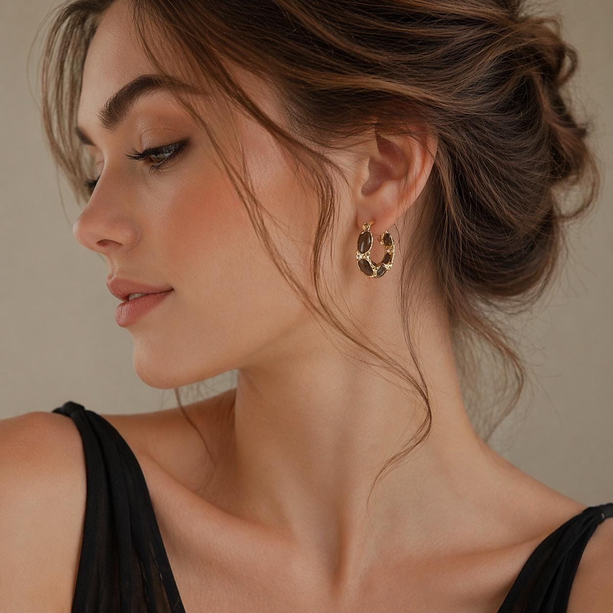 Retro French Geometric Enamel Hoop Earrings, Gold Tone Luxury Jewelry