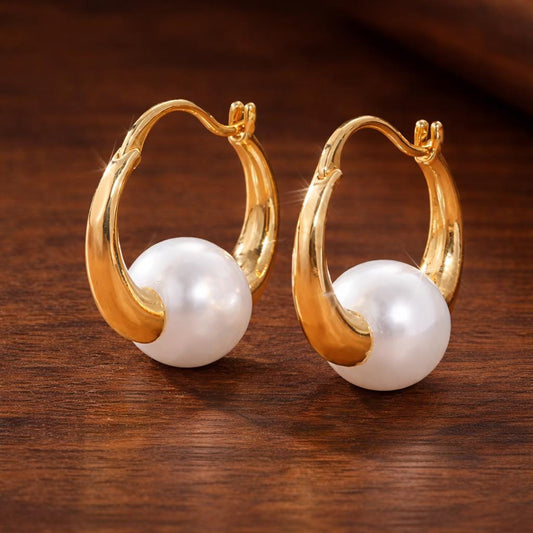 Retro Pearl Hoop Earrings: Small Gold-Tone Classic Minimalist Jewelry