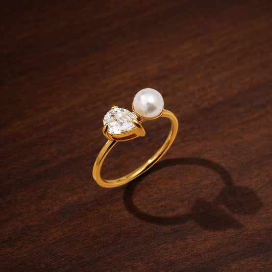 Pearl Teardrop Ring, Stainless Steel CZ Dainty Minimalist Waterproof Jewelry