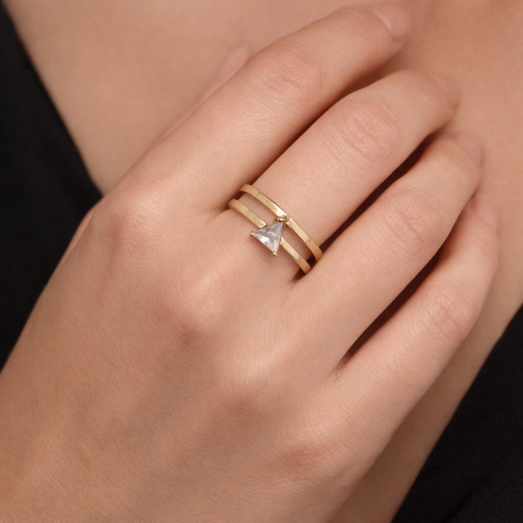 Gold Plated Stainless Steel Triangle Zircon Ring, Two Layer Geometric Stacking Jewelry