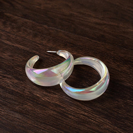Transparent C-Shaped Hoop Earrings, Mermaid Iridescent Acrylic Lightweight Fashion Jewelry