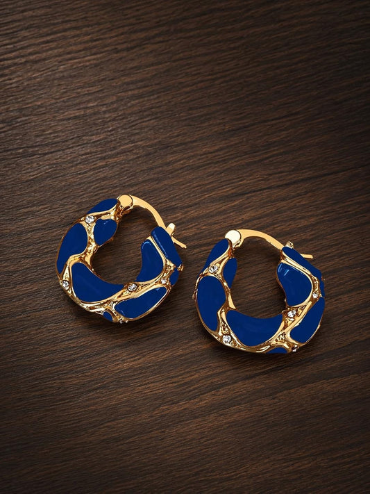 Retro French Geometric Enamel Hoop Earrings, Gold Tone Luxury Jewelry