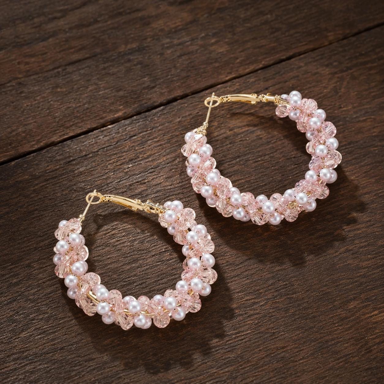 Pink Hoop Earrings with Faux Pearl Crystal Accents, Elegant Minimalist Jewelry