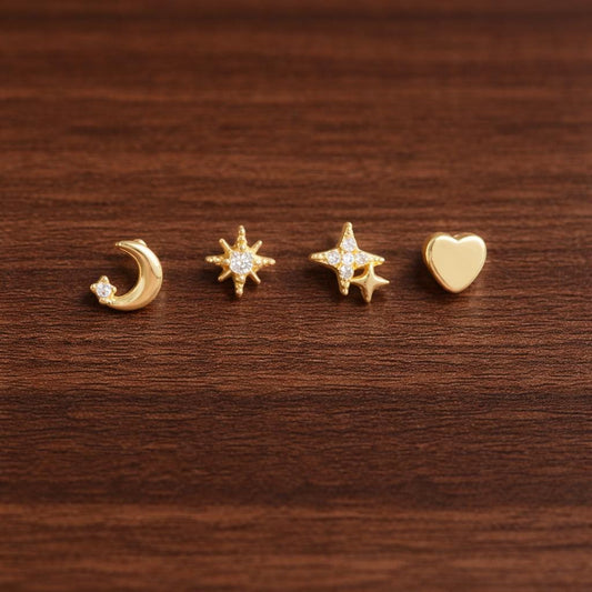Stainless Steel Star Moon Heart Stud Earrings Set, Punk Rock Unisex Piercing Jewelry