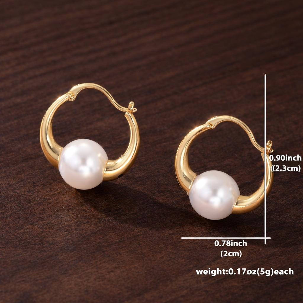 Retro Pearl Hoop Earrings: Small Gold-Tone Classic Minimalist Jewelry