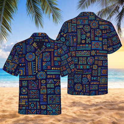 Neon Aztec Hawaiian Shirt, Tribal Geometric Aloha Button-Up
