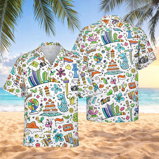 Travel Doodle Hawaiian Shirt, Colorful Summer Aloha Button Up, Unisex Vacation Print