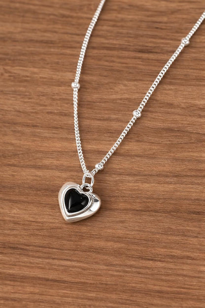 S925 Sterling Silver Black Heart Pendant Necklace, Gothic Minimalist Clavicle Chain Jewelry