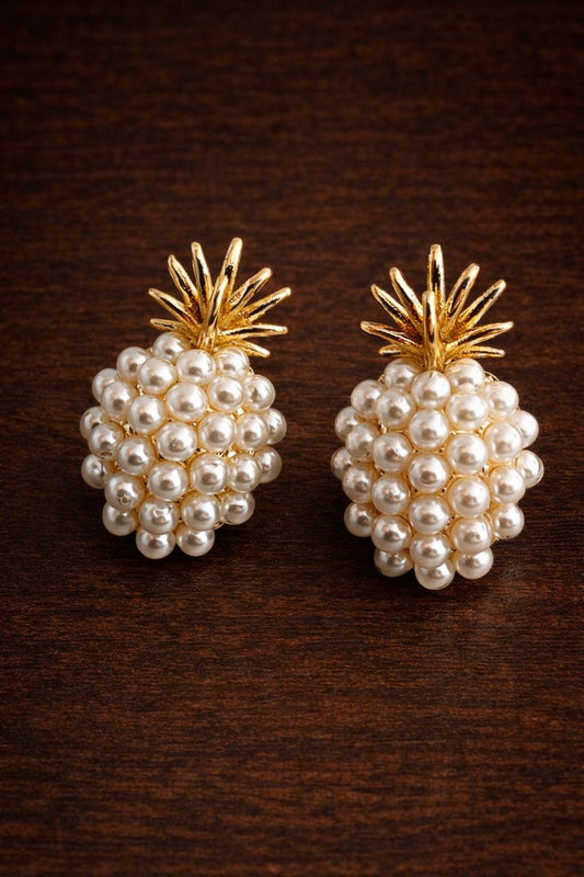 Pearl Pineapple Stud Earrings, Gold Fruit Jewelry, Elegant Women's Accessory