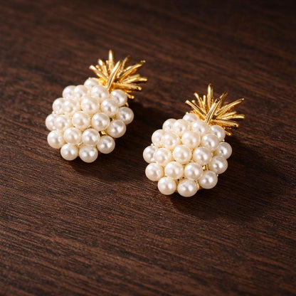 Pearl Pineapple Stud Earrings, Gold Fruit Jewelry, Elegant Women's Accessory