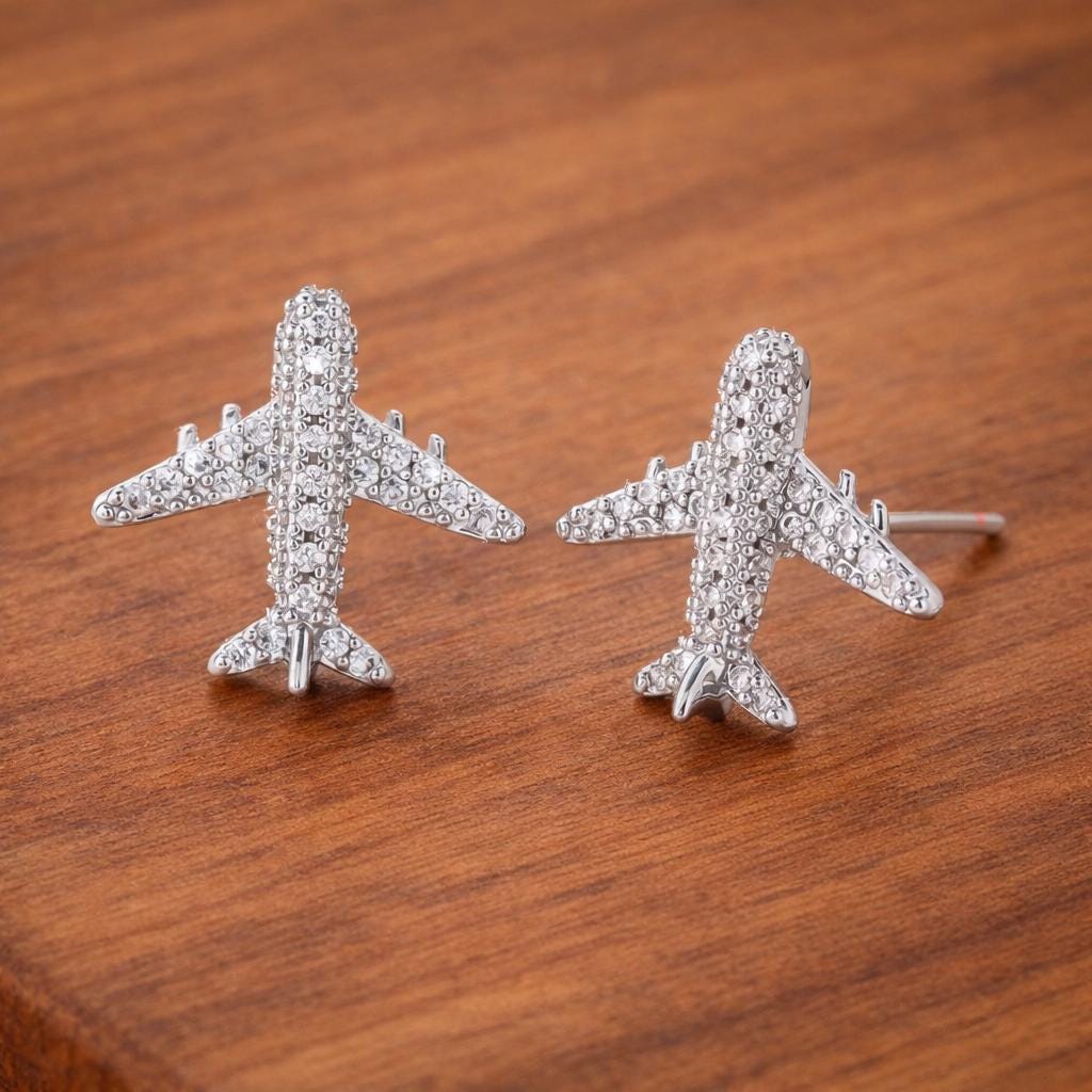 Rhinestone Airplane Stud Earrings, Silver Travel Jewelry, Aviation Inspired Studs