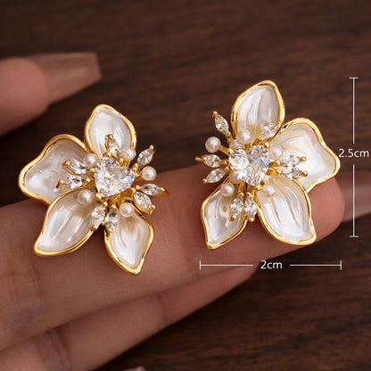 Crystal Flower Stud Earrings, Gold Pearl Petal Floral Jewelry