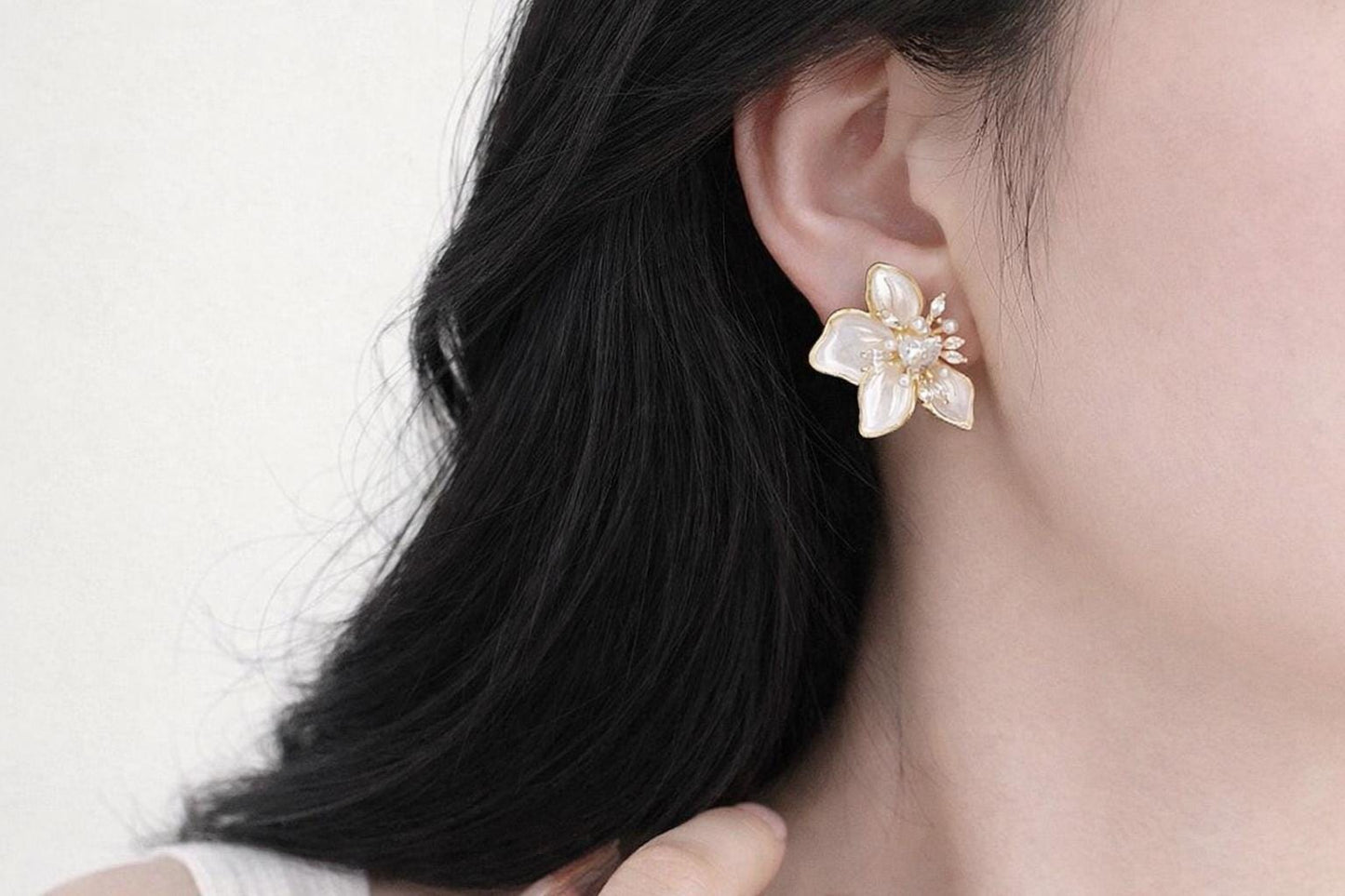 Crystal Flower Stud Earrings, Gold Pearl Petal Floral Jewelry