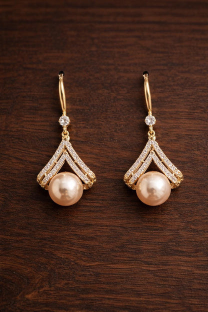 Champagne Pearl Drop Earrings, Elegant Gold Dangle, Cubic Zirconia, Wedding Jewelry