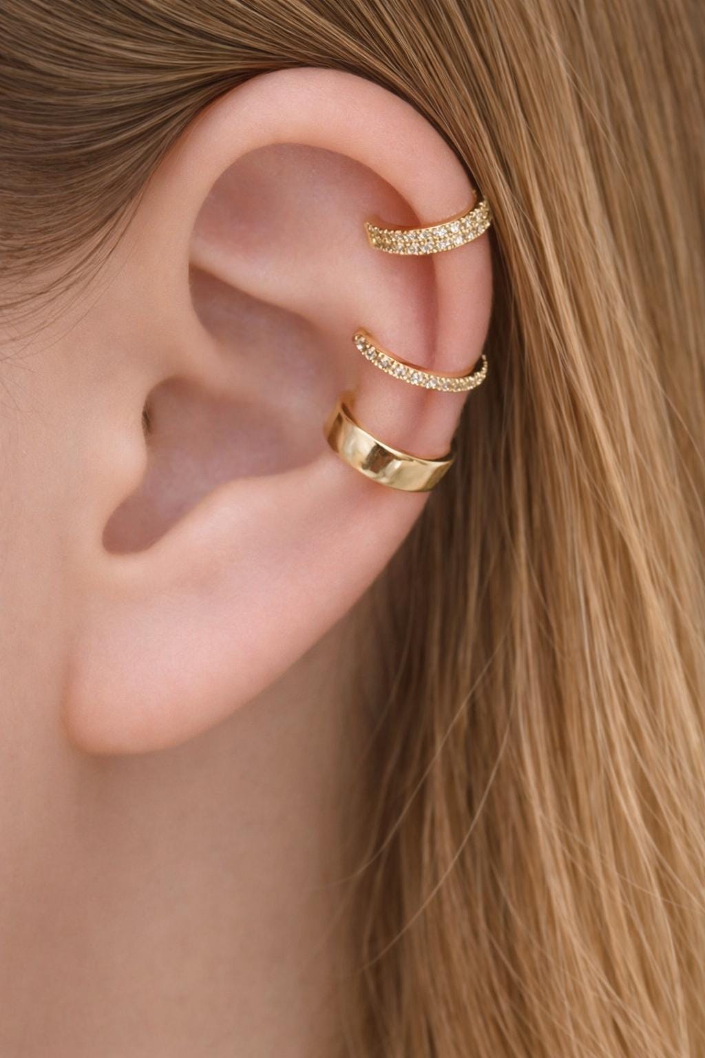 Gold CZ Ear Cuff Set, Minimalist Clip Earrings, Adjustable Cartilage Jewelry