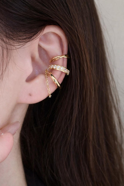 Gold CZ Ear Cuff Set, Minimalist Clip Earrings, Adjustable Cartilage Jewelry