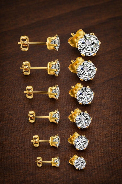 6 Pairs Stainless Steel Stud Earrings Set, CZ Earrings Gold & Silver, Hypoallergenic Waterproof Jewelry