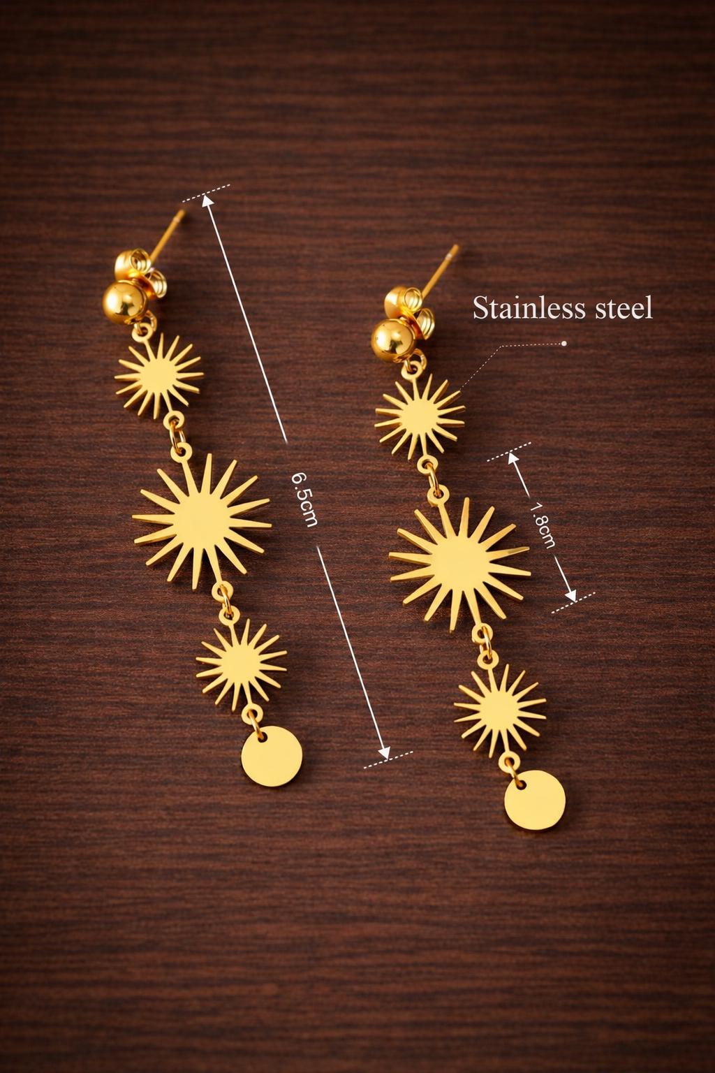Stainless Steel Sun Dangle Earrings, Gold Starburst Drop Earrings, Vintage Long Pendant Jewelry