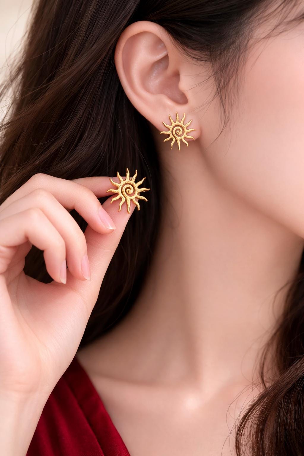 Gold Sun Vortex Stud Earrings, Minimalist Boho Stainless Steel Jewelry