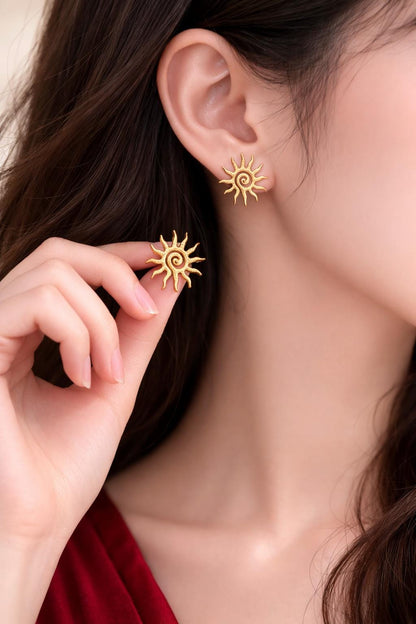 Gold Sun Vortex Stud Earrings, Minimalist Boho Stainless Steel Jewelry