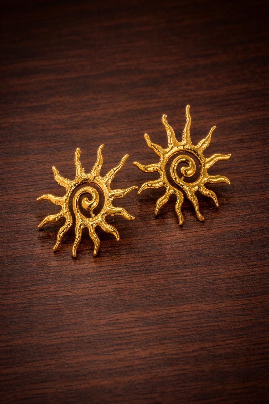 Gold Sun Vortex Stud Earrings, Minimalist Boho Stainless Steel Jewelry