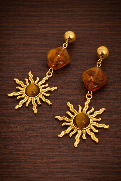 Vintage Sun Dangle Earrings, Gold Stainless Steel, Amber Resin Drop Jewelry