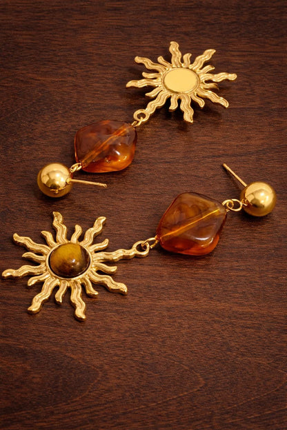 Vintage Sun Dangle Earrings, Gold Stainless Steel, Amber Resin Drop Jewelry