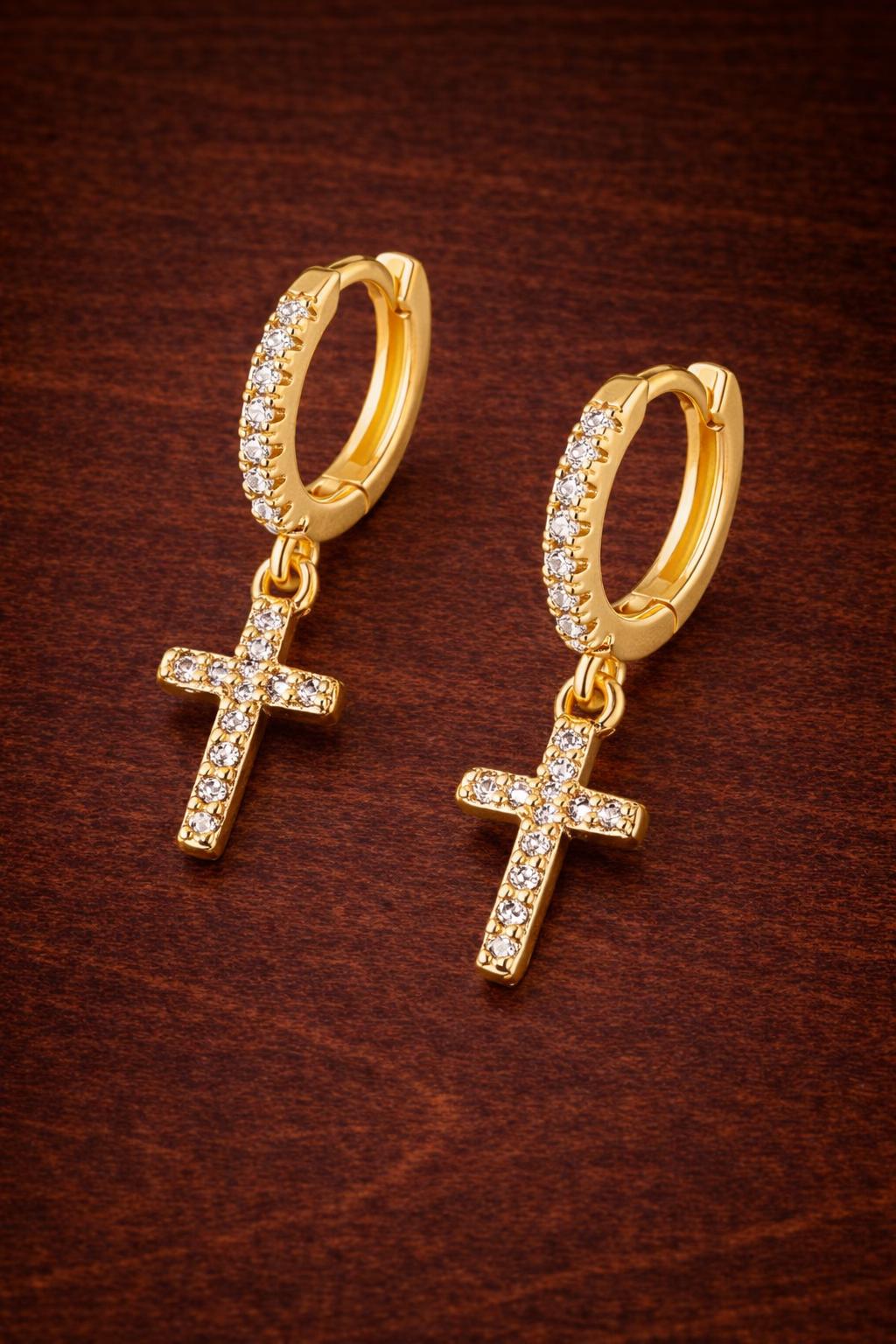 Gold Plated CZ Cross Drop Hoop Earrings, Elegant Dangle Jewelry