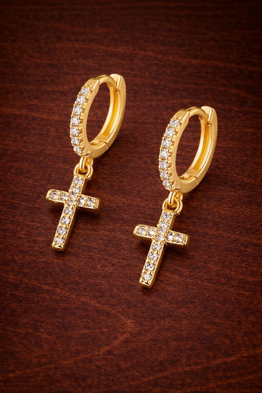 Gold Plated CZ Cross Drop Hoop Earrings, Elegant Dangle Jewelry