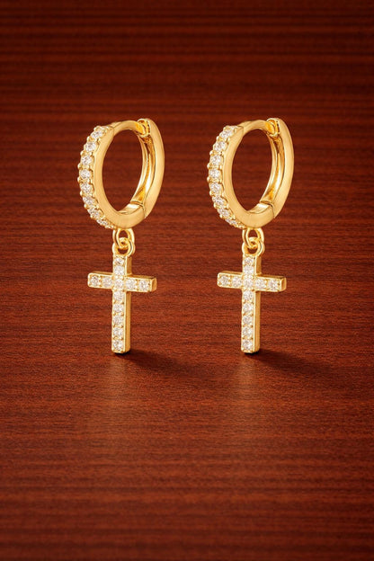 Gold Plated CZ Cross Drop Hoop Earrings, Elegant Dangle Jewelry