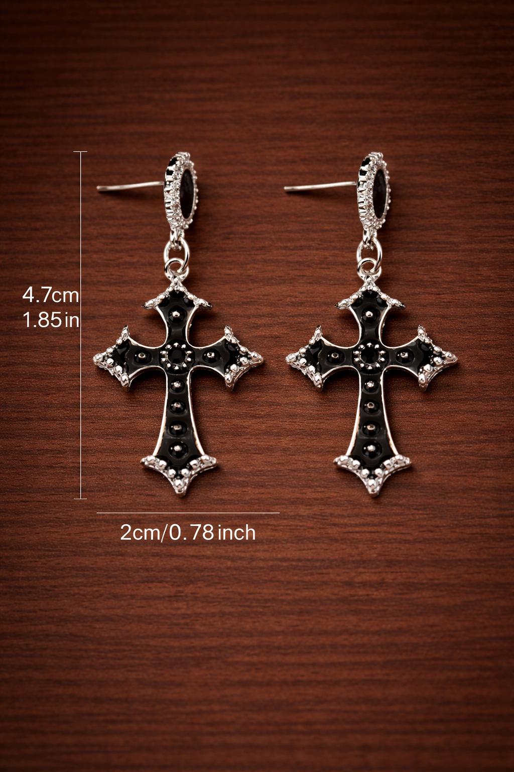 Gothic Black Cross Drop Earrings, Stainless Steel, Cubic Zirconia, Statement Jewelry